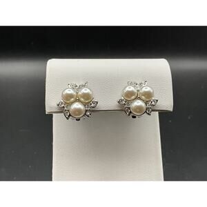 Signed SWAROVSKI Silver-Tone Crystal & Pearl Floral Clip-On Earrings GREAT!
